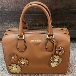 Michael Kors Tan Satchel with Gold Floral Accents
